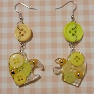 Handmade Yellow & Lime Button Heart Dangle Earrings
